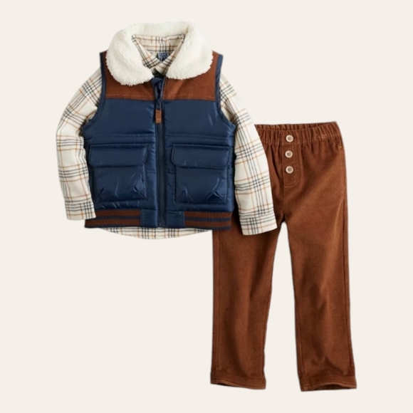 Little Lad Sherpa Collar Puffer Vest Flannel Shirt & Corduroy‎ Pant Set 18 M NWT - Picture 2 of 8